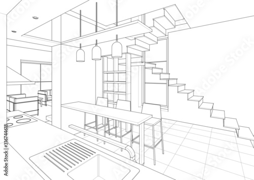 interior kitchen living room 3d illustration