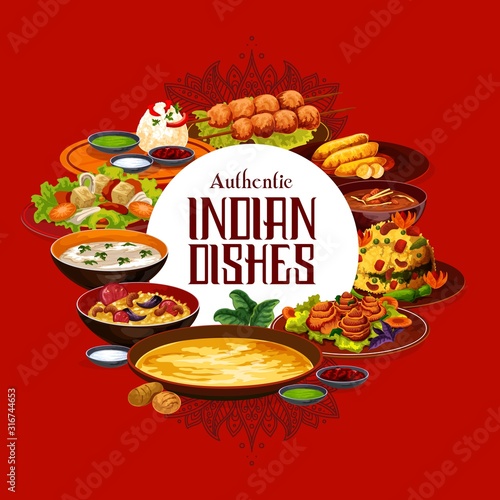 Indian restaurant menu cover, traditional authentic cuisine food. Vector Indian meal dishes, vegetarian pulao, lemon with cashew and rice in mint sauce, lamb meat skewers and shorba soup