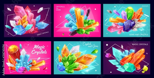 Magic gemstones and crystals with polygons and abstract geometric shapes. Vector banners of diamonds, amethyst and quartz with shiny facets, jewelry, mineral rocks and jewels