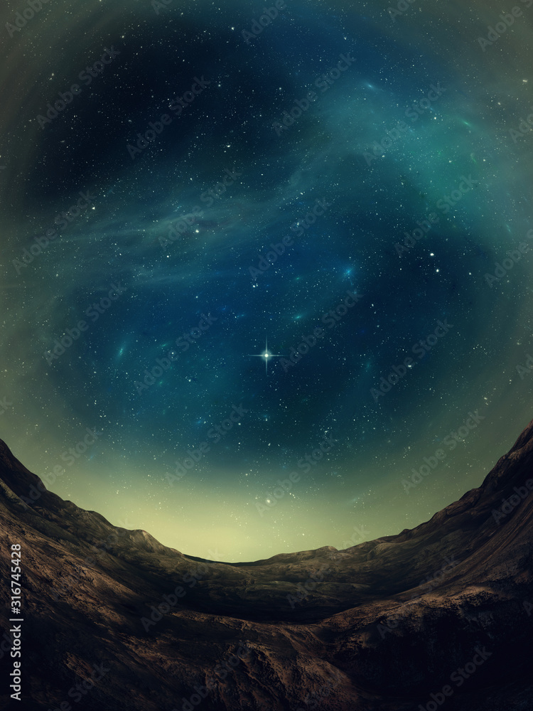 starry night sky, surreal space landscape on alien planet, 3d illustration