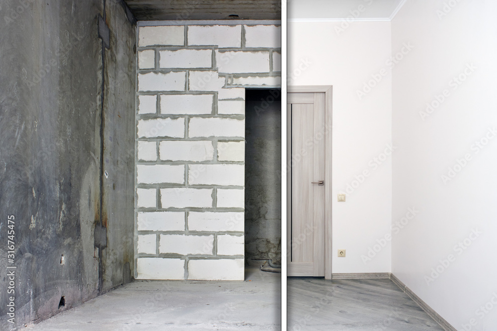 Before and after renovation in new housing. Empty room with concrete walls without finishing and the apartment is renovated.