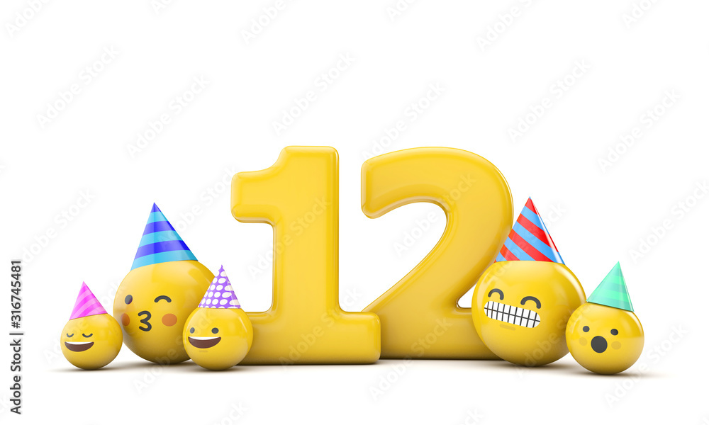 Number 12 emoji birthday party celebration. 3D Render Stock