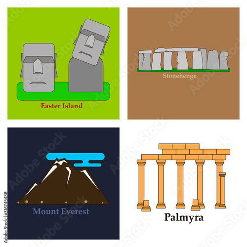 Travel, journey concept. Famous monuments of world countries. Vector illustration