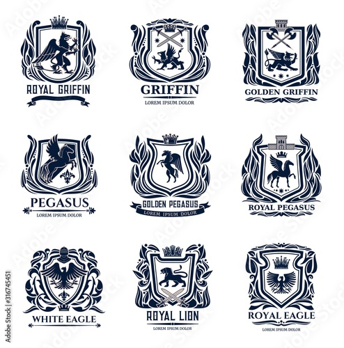 Heraldic shield badges with lions, eagles, pegasus and griffins. Vector design of coat of arms and medieval crest with animals, royal crowns, knight swords and helmets, castle towers, victorian lilies