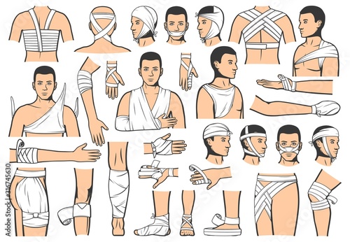 Trauma bandaging technique, first aid medical emergency. Vector people bandage and guide for leg, arm and head fracture injury, elbow and ankle joint sprains, clinic ambulance and hospital rescue