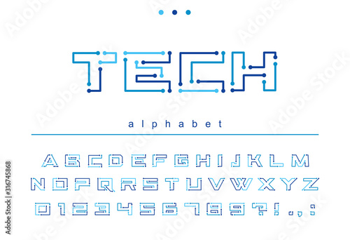 Circuit board geometric font. Digital technology, futuristic, future techno alphabet. Letters and numbers for computer electronic chip, tech logo design. Modern blue color minimalistic vector typeface