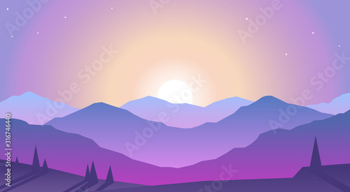 Vector landscape, sunset scene in nature with mountains and forest, silhouettes of trees and hills in the evening. Polygonal landscape illustration. Flat design