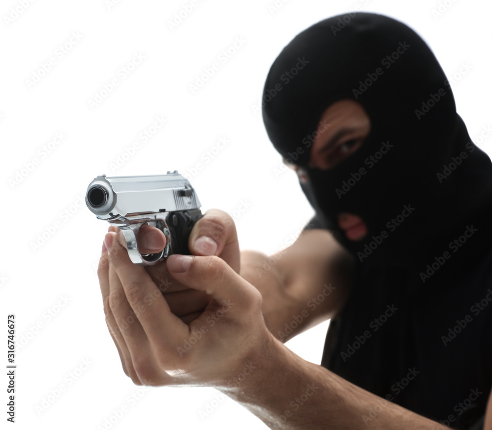 Professional killer with gun on white background Professional killer with gun on white background