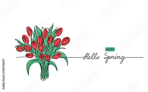 Tulips bouquet vector sketch, doodle.  Hello Spring lettering. Tulips web banner, illustration, border, card, background.