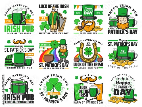Patricks Day Irish vector icons, religion holiday design. Shamrock clover leaf, leprechaun and pot with gold, green ale beer, hat and horseshoe, Ireland flag, orange beard, mustache and rainbow icon