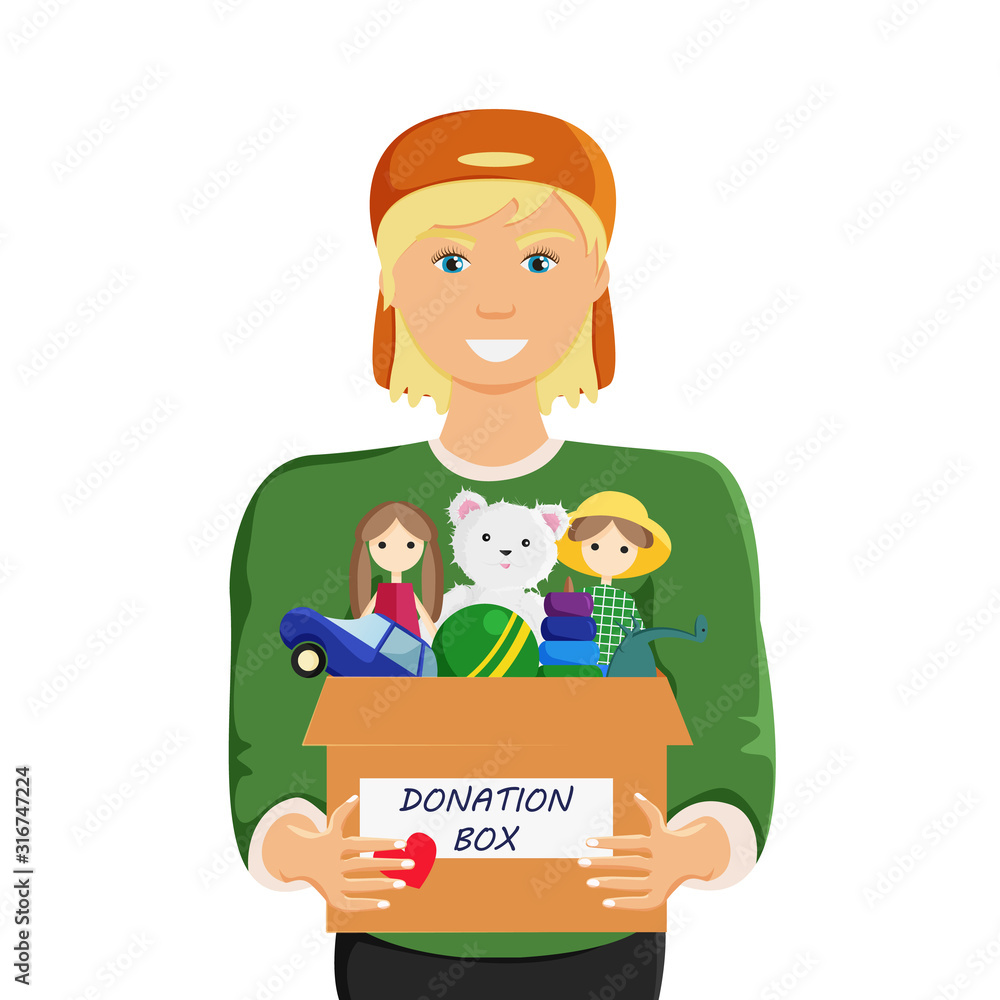 Vector Illustration of Clothes Donation with Guy isolated on White Background. Young Man Holding Donation Box with Toys. Social Care and Charity Concept in Cartoon Flat Style. Minimalism Lifestyle