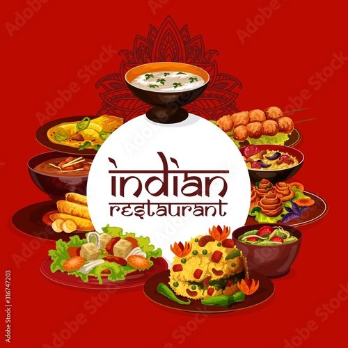 Indian cuisine restaurant menu, authentic dishes cooking recipe book. Vector pulao and bananas in butter, murgs badams and shorba soup, lemon with cashew and rice in mint sauce meals photo