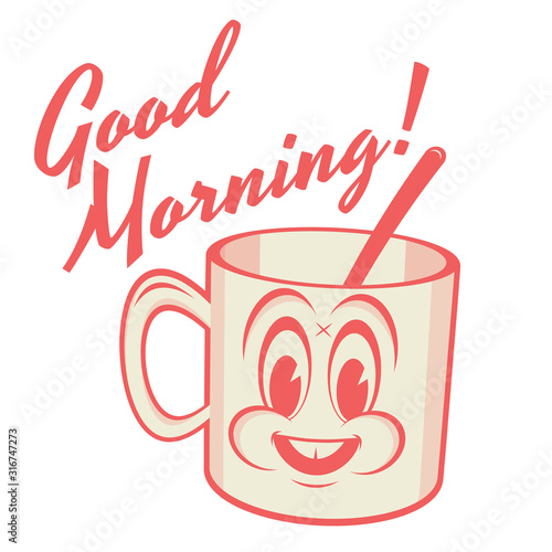 funny cartoon illustration of a coffee cup in retro style