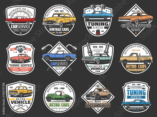 Car service, vehicles maintenance, diagnostics and repair garage station isolated icons. Vector vintage cars motor club, transport engine repair and tuning service station