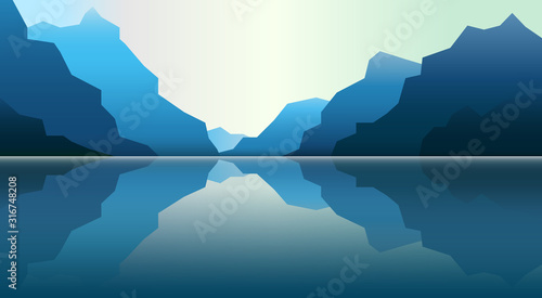 Minimalist landscape. Mountains near the water. Vector image of mountains on background of lakes, sea, ocean. Reflection in water.