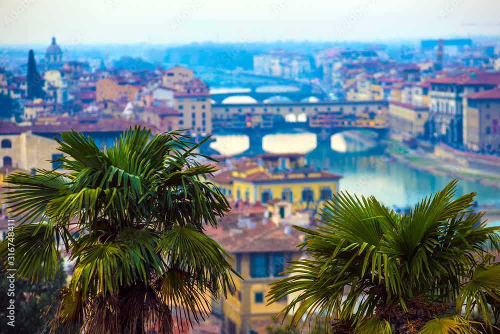 Florence Ponte Vecchio Bridge and City Skyline in Italy. Florence is capital city of the Tuscany region of central Italy. Florence Ponte Vecchio Bridge and City Skyline in Italy.