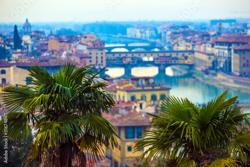 Florence Ponte Vecchio Bridge and City Skyline in Italy. Florence is capital city of the Tuscany region of central Italy. Florence Ponte Vecchio Bridge and City Skyline in Italy. © nikitos77
