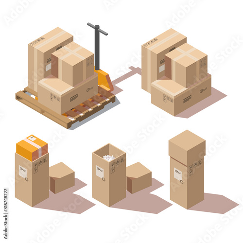 Isometric cardboard boxes set and hand pallet truck for freight and goods transportation isolated on white background. Brown closed and open containers with foam and marking. 3d vector illustration