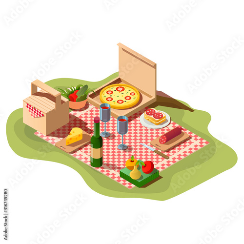 Isometric picnic set of food, pizza box, wine and basket. Fresh meal, fruits, bottle with glasses and tablecloth for dinner or lunch outdoor isolated on white background, 3d Vector illustration, icon