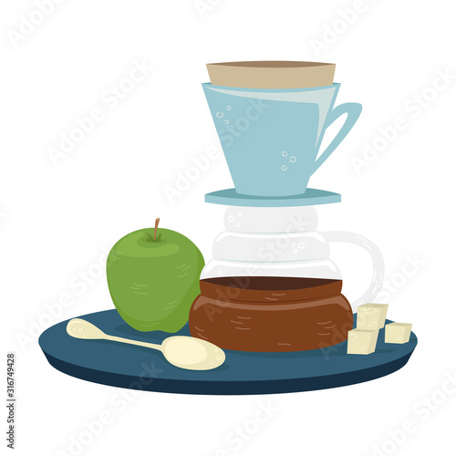 Flat vector hario with a green apple. Alternative methods of brewing coffee. Coffee culture.