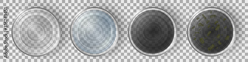 Glasses with clean and dirty water top view set. Filtered and contaminated liquid with bacteria and microbes isolated on transparent background, pollution. Realistic 3d vector illustration, clip art