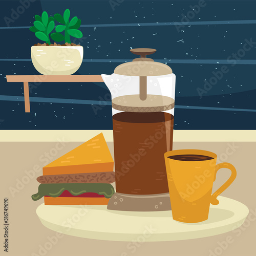Flat vector french press with a cup of coffee and sandwich on the table. Alternative methods of brewing coffee. Coffee culture.