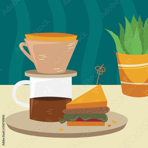 Flat vector kalita with sandwich on the table. Alternative methods of brewing coffee. Coffee culture.