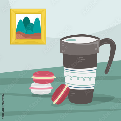 A travel mug with hot coffee and macaroons on the table. Flat vector illustration.