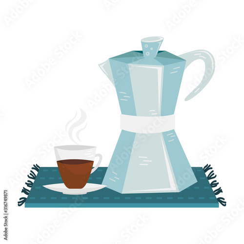 Flat vector geyser cofee maker wuth a cup of coffee. Alternative methods of brewing coffee. Coffee culture.