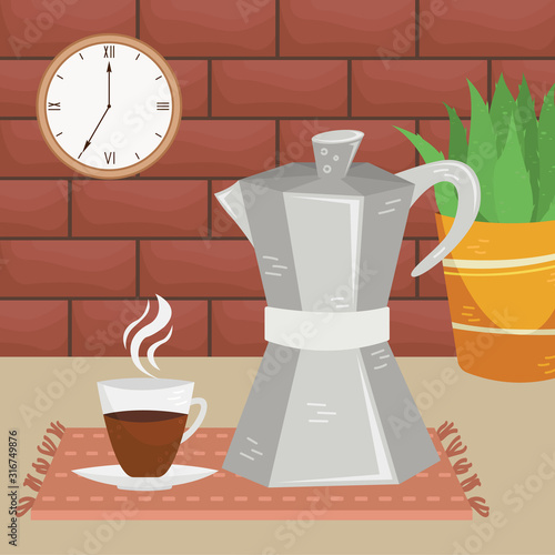 Flat vector geyser cofee maker wuth a cup of coffee in the interior. Alternative methods of brewing coffee. Coffee culture.