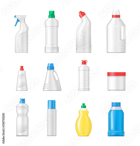 House cleaning plastic products realistic mockup set vector isolated. Cleaning products for home, household. Plastic bottles differents shapes template for household chemicals bleach, spray, gel