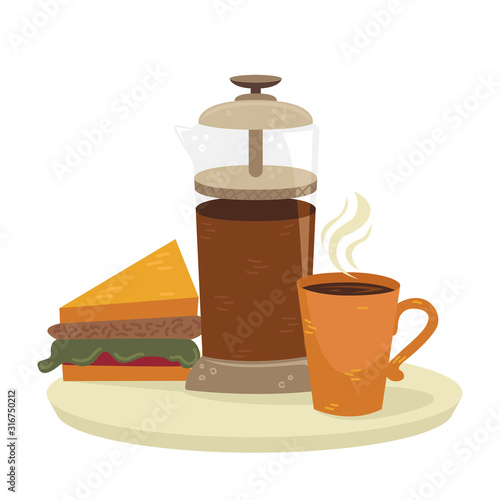 Flat vector french press with a cup of coffee and sandwich. Alternative methods of brewing coffee. Coffee culture.