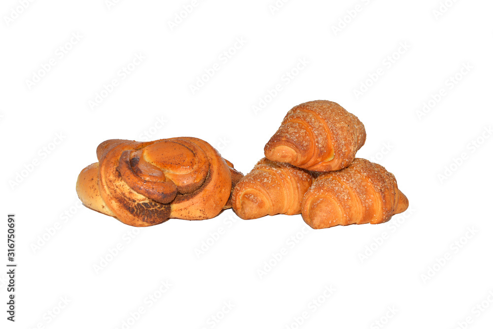buncroissant and bun with cinnamon on a white background buncroissant and bun with cinnamon on a white background