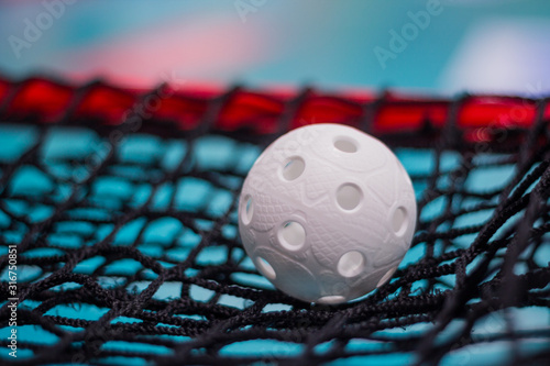 Floorball ball close up on goal net