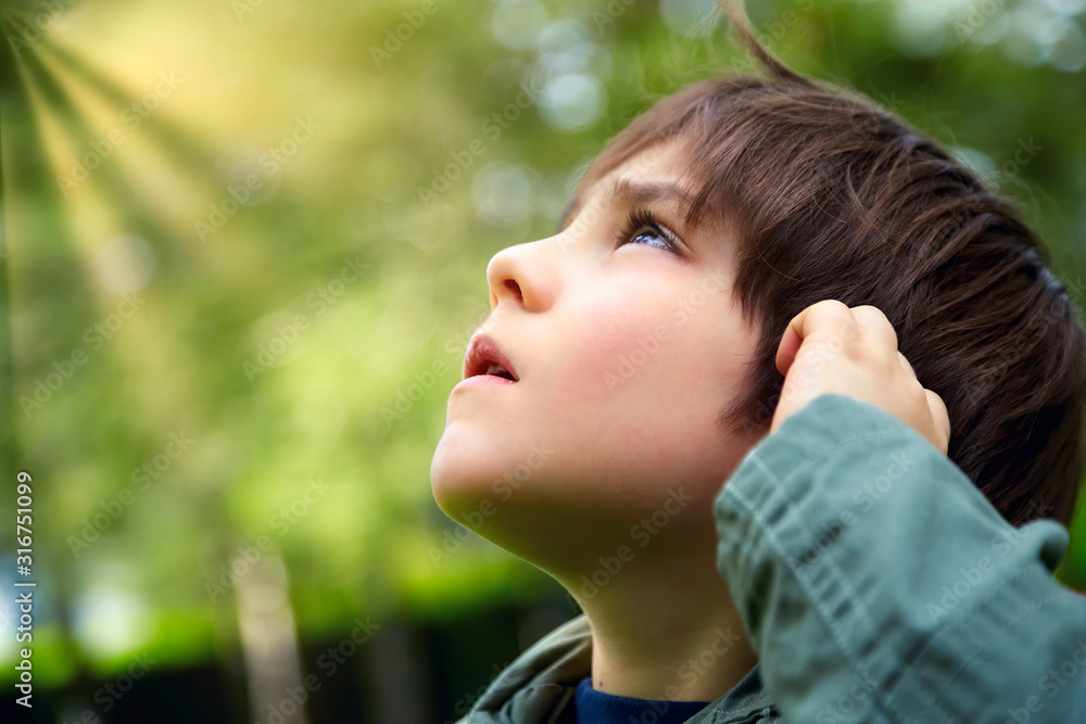 Caucasian little boy looking up at the sky in the forest with curious or careful expression Caucasian little boy looking up at the sky in the forest with curious or careful expression