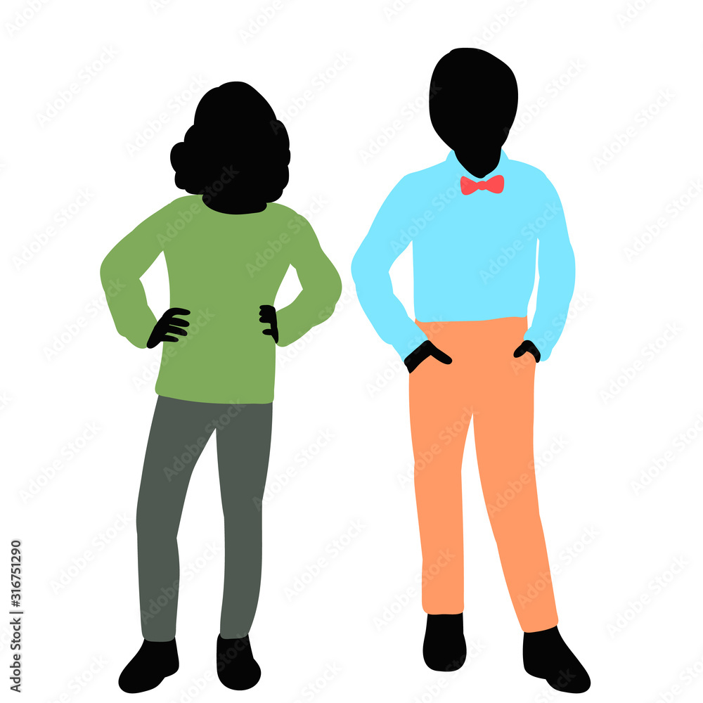 vector, isolated, silhouette in colored clothes, children, friends