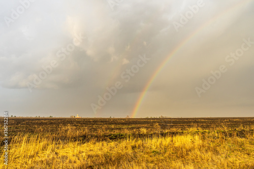 Spring landscape with double rainbow over burned field after thunderstorm. Beautiful natural background