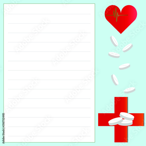 Pills, medical red cross, heart with a cardiogram. Blank pharmaceutical prescription image on a blue background with copy space. Pharmacy heart medicine, heart attack, analgesic, antidepressant