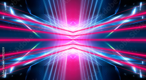 Modern abstract neon background. Blue and pink neon light, rays, lines, abstract light. Empty background, scene, poster. Light tunnel.