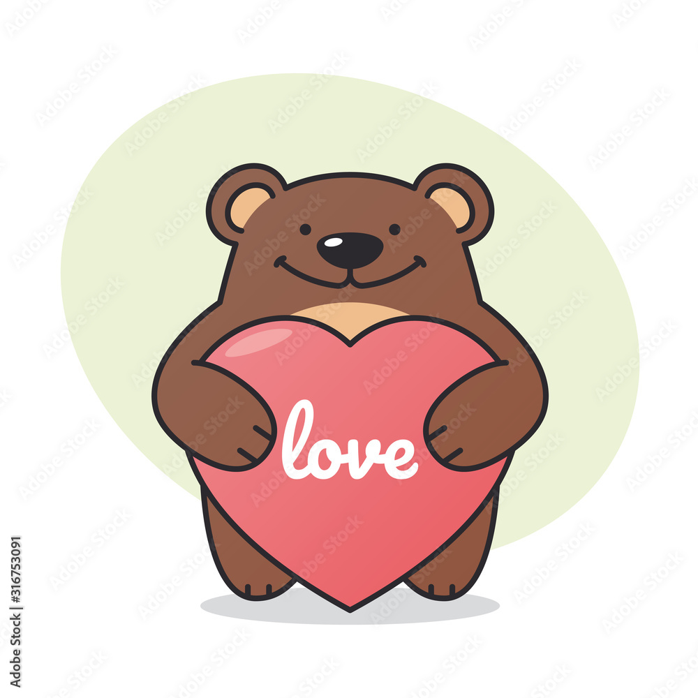 Vector drawing of a teddy bear holding a heart with the inscription Love. Isolated on white background.