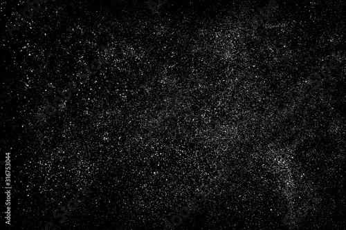 White Grainy Texture Isolated On Black Background. Dust Overlay. Light Coloured Noise Granules. Snow Vector Elements. Digitally Generated Image. Illustration, Eps 10.