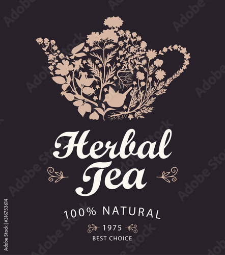 Vector banner or label for a herbal tea with calligraphic inscription on a black background. Illustration with a kettle or teapot consisting of various hand-drawn herbs