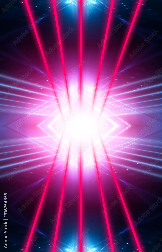 Obraz premium Modern abstract neon background. Blue and pink neon light, rays, lines, abstract light. Empty background, scene, poster. Light tunnel.
