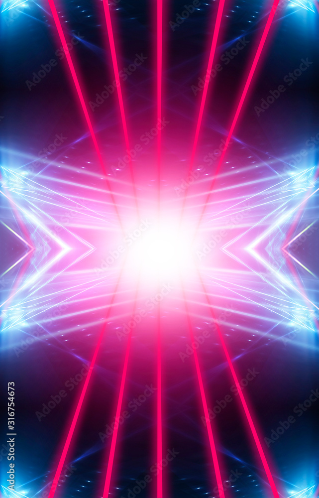 Obraz premium Modern abstract neon background. Blue and pink neon light, rays, lines, abstract light. Empty background, scene, poster. Light tunnel.
