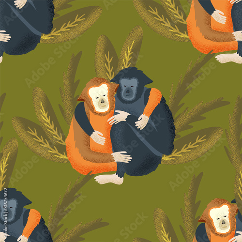 Vector textured gibbon animal seamless pattern in a flat style. Romantic monkey couple hand drawn illustration.