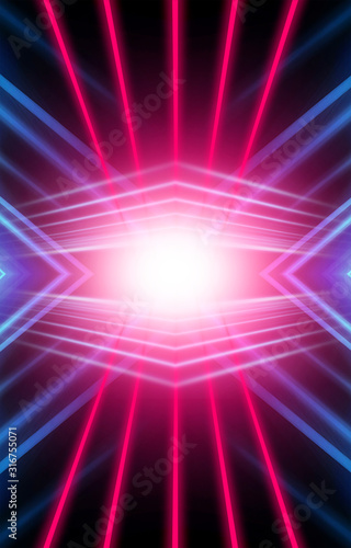 Modern abstract neon background. Blue and pink neon light, rays, lines, abstract light. Empty background, scene, poster. Light tunnel.