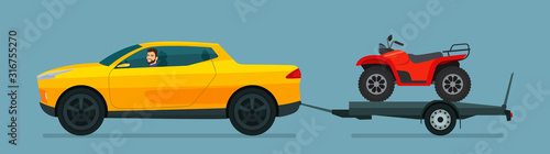 Pickup car tows a trailer with a ATV. Vector flat style illustration.