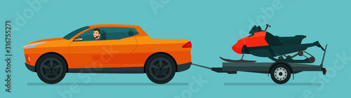 Pickup car tows a trailer with a snowmobile. Vector flat style illustration