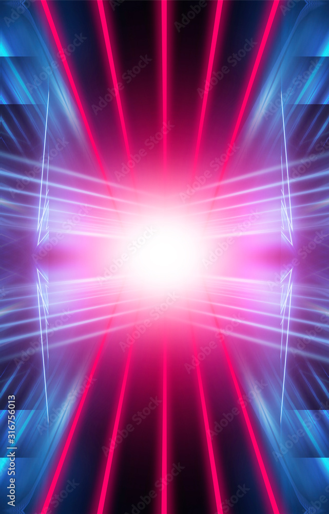 Obraz premium Modern abstract neon background. Blue and pink neon light, rays, lines, abstract light. Empty background, scene, poster. Light tunnel.