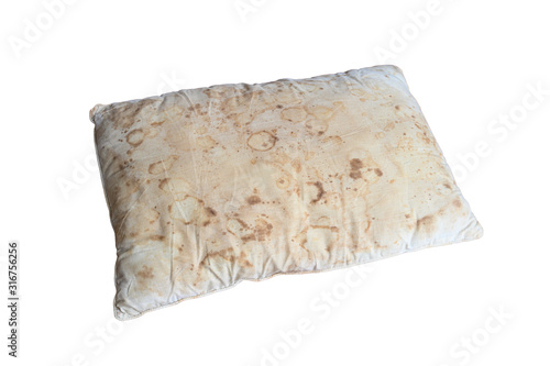 Old dirty pillow with saliva stain and fungus cause of illness, isolated white background with clipping path